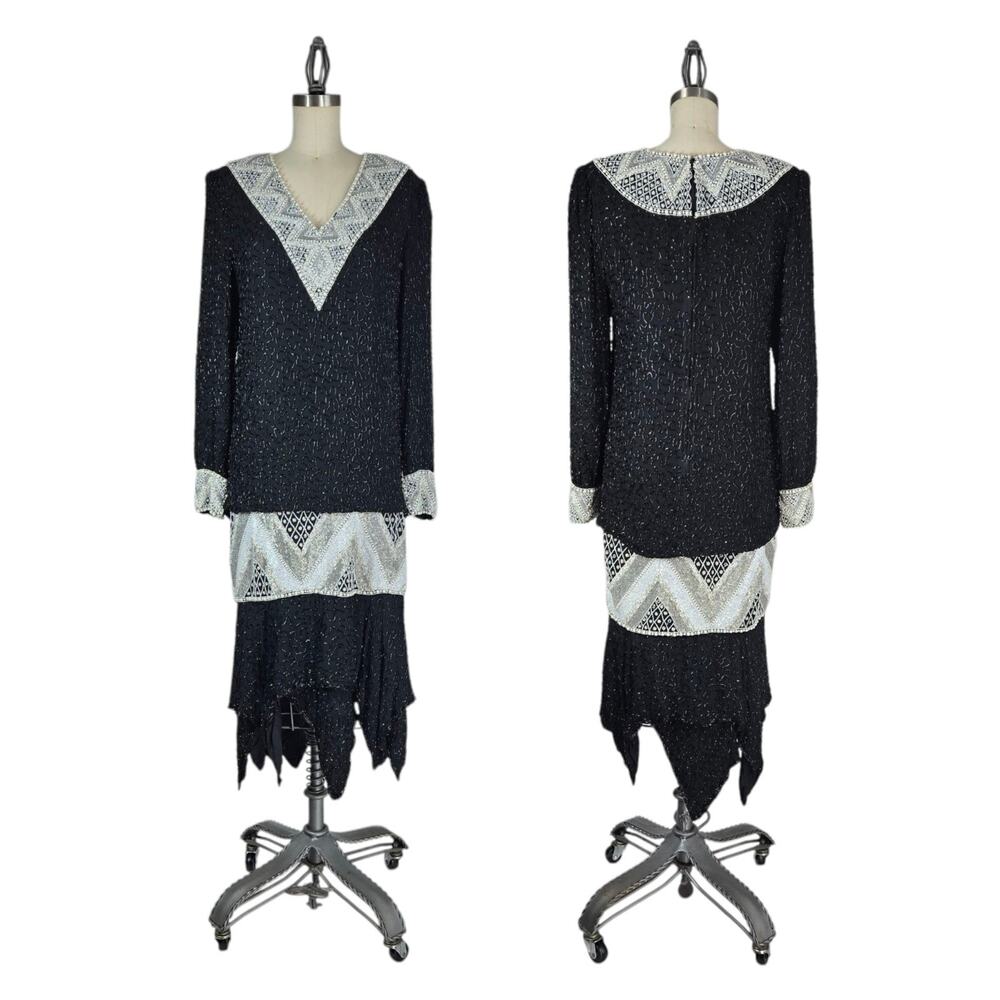 Vintage Judith Ann Silk Beaded Dress M Black White Art Deco Pearl Glam